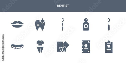 10 dentist vector icons such as medical prescription, medical record, mint gum, molar crown, mouth contains mouth mirror, mouth wash, periodontal scaler, shiny tooth, smiling. dentist icons