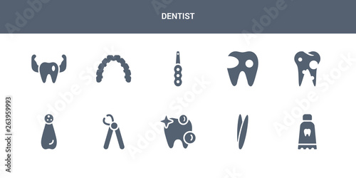 10 dentist vector icons such as toothpaste tube, tweezers, white teeth, wisdom tooth, apicoectomy contains bicuspid, cavity, intraoral, lingual braces, prophylaxis. dentist icons
