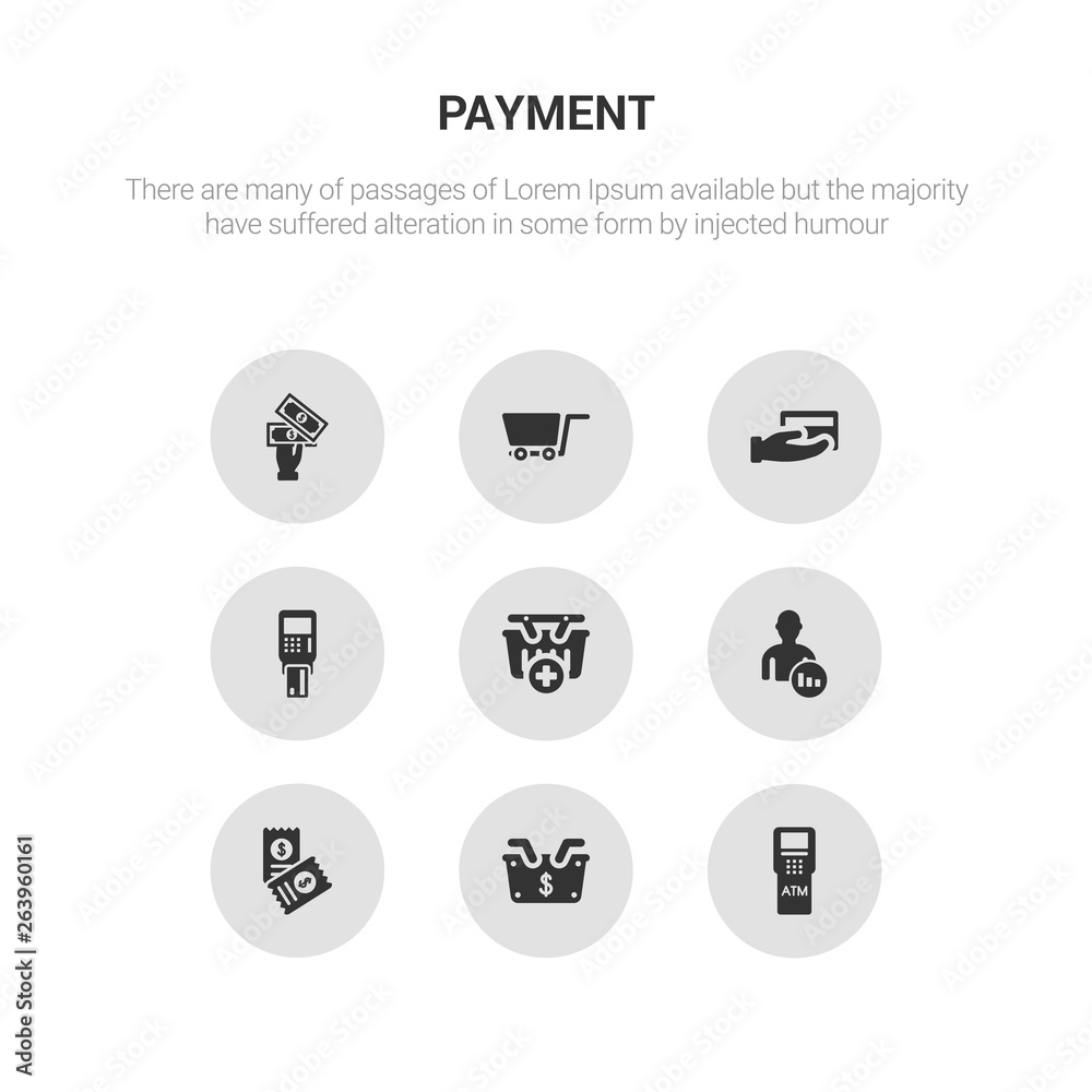 9 round vector icons such as atm machine, basket, bills, broker, buy contains card machine, card payment, cart, cash. atm machine, basket, icon3_, gray payment icons