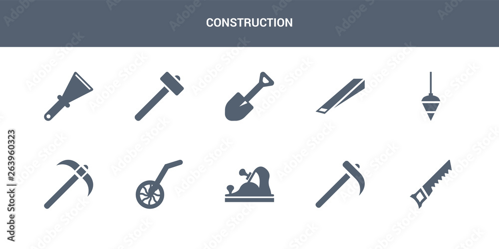 Naklejka premium 10 construction vector icons such as hand saw, hoe, jack plane, measuring wheel, pick axe contains plumb bob, wedge tool, spade tool, sledge hammer, scratcher tool. construction icons