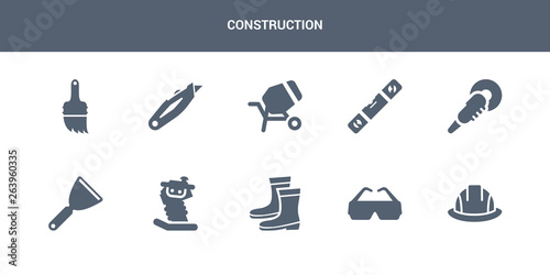 10 construction vector icons such as safety helmet, safety glasses, rubber boots, rammer, putty knife contains polishers, plumb rule tool, cement mixers, retractable trimming knife, builder brush.