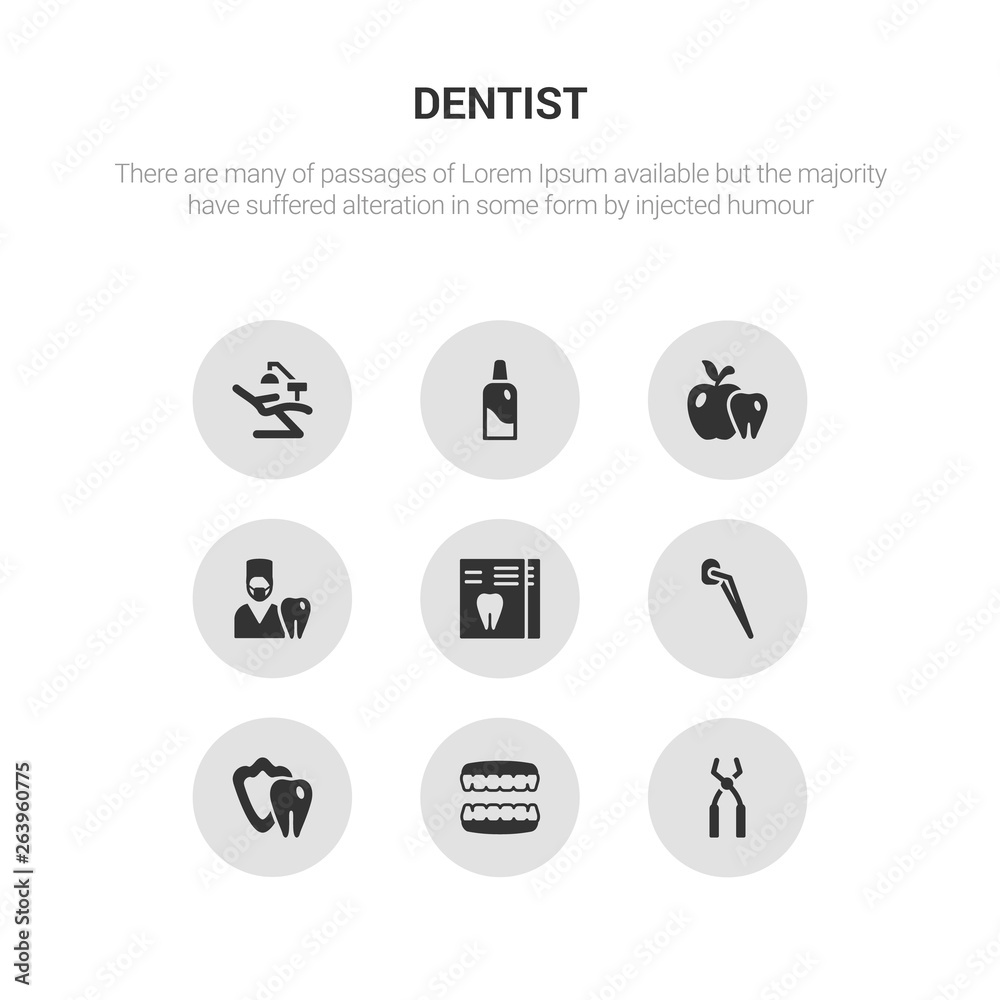 9 round vector icons such as dental probe, dental prosthesis, dental protection, veneer, x ray contains dentist, dentist apple, dentist bottle with liquid, chair. probe, prosthesis, icon3_, gray 9 round vector icons such as dental probe, dental prosthesis, dental protection, veneer, x ray contains dentist, dentist apple, dentist bottle with liquid, chair. probe, prosthesis, icon3_, gray