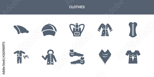 10 clothes vector icons such as t-shirt, shawl, soccer shoe, parka, pijama contains corset, housecoat, bag, baseball cap, beanie. clothes icons