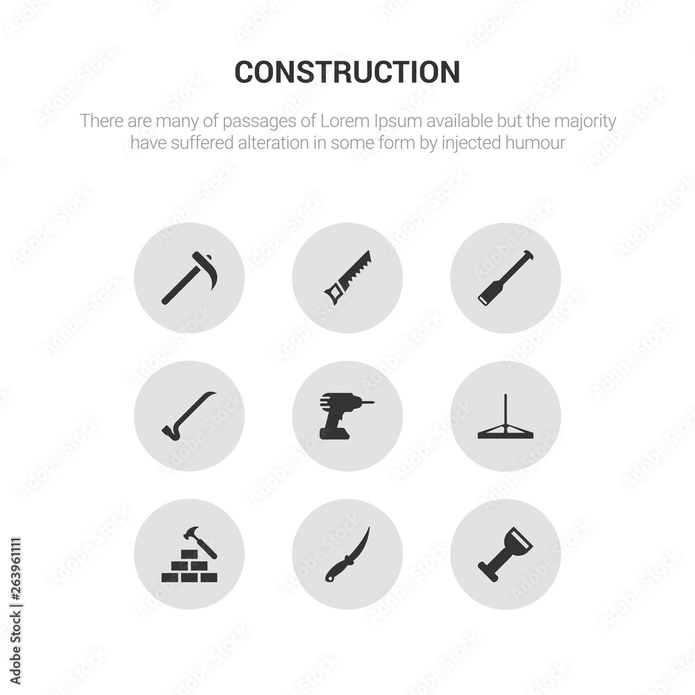 9 round vector icons such as bolster, boning rod, brick hammer, bump cutter, cordless drill contains crowbar, digging bar, hand saw, hoe. bolster, boning rod, icon3_, gray construction icons 9 round vector icons such as bolster, boning rod, brick hammer, bump cutter, cordless drill contains crowbar, digging bar, hand saw, hoe. bolster, boning rod, icon3_, gray construction icons