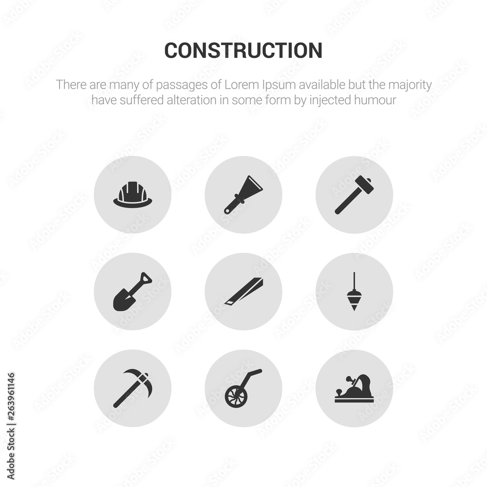 9 round vector icons such as jack plane, measuring wheel, pick axe, plumb bob, wedge tool contains spade tool, sledge hammer, scratcher tool, safety helmet. jack plane, measuring wheel, icon3_, gray