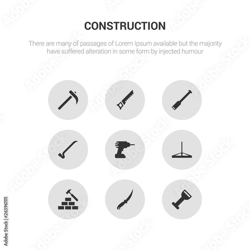 9 round vector icons such as bolster, boning rod, brick hammer, bump cutter, cordless drill contains crowbar, digging bar, hand saw, hoe. bolster, boning rod, icon3_, gray construction icons