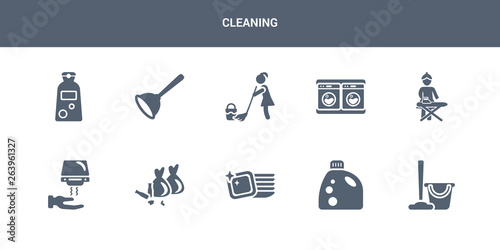 10 cleaning vector icons such as cleaning, detergent, dishes, garbage, hand dryer contains ironing, laundry, mop, plunger, shampoo. cleaning icons