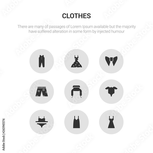 9 round vector icons such as chemise, camisole, bra & knicker, baby grow, ushanka contains swim shorts, butterfly tie, vintage dress, baby clothes. chemise, camisole, icon3_, gray clothes icons