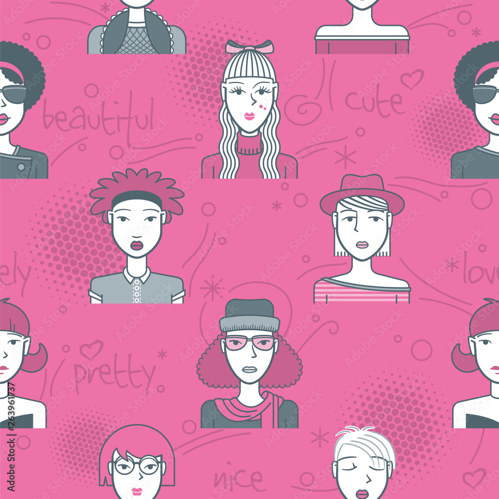 It-girls pattern, fuchsia. Seamless pattern made with a set of avatars of young women on a fuchsia background with strokes and words. It-girls pattern, fuchsia. Seamless pattern made with a set of avatars of young women on a fuchsia background with strokes and words.