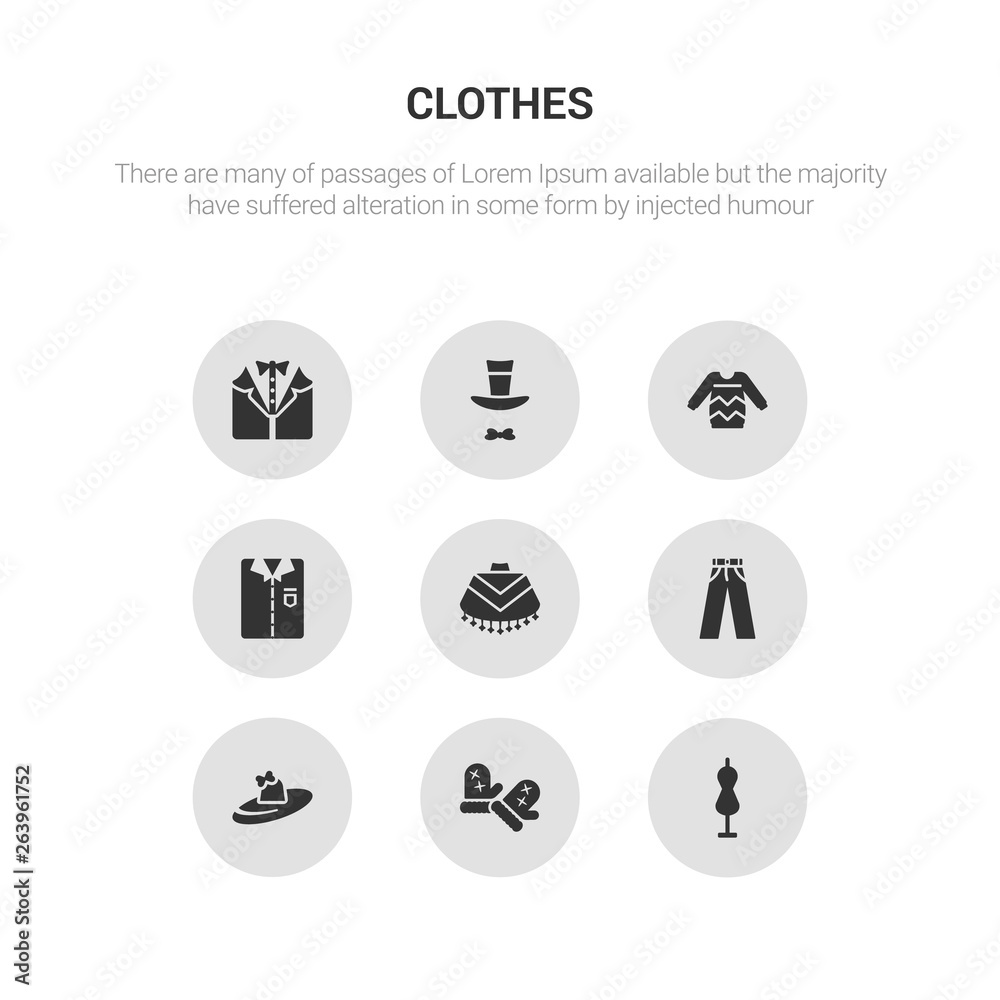 9 round vector icons such as mannequin, mittens, pamela, pants, poncho contains shirt, sweater, top hat, tuxedo. mannequin, mittens, icon3_, gray clothes icons