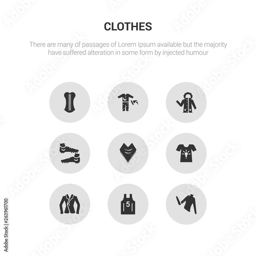 9 round vector icons such as turtleneck, basketball jersey, blazer, t-shirt, shawl contains soccer shoe, parka, pijama, corset. turtleneck, basketball jersey, icon3_, gray clothes icons
