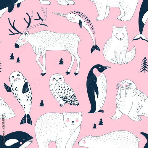 Seamless vector pattern with Polar Bear Walrus Penguin Narwal Seal Reindeer Killer Whale Arctic Fox Owl. Arctic Wildlife background. Polar animals print. Antarctic Creatures in Scandinavian style