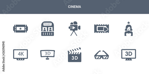 10 cinema vector icons such as 3 dimension screen, 3d glasses, 3d movie, 3d television, 4k contains actress, animation, author, box office, buy tickets online. cinema icons