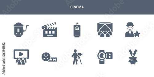 10 cinema vector icons such as vip person, camera lens, cameraman, cinema, cinema audience contains celebrity, curtain, exit, flapper, hurdy gurdy. icons