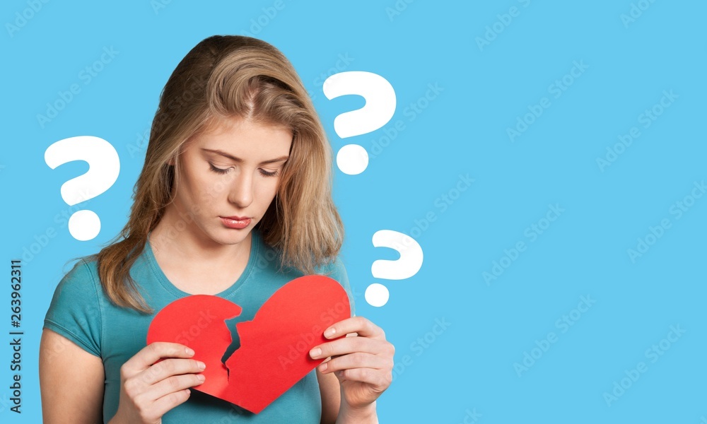 Question woman apron attractive beautiful beauty blue background Question woman apron attractive beautiful beauty blue background