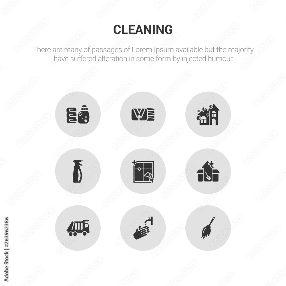 9 round vector icons such as duster, hand wash, garbage truck, cleaning house, cleaning window contains cleaning spray, clean, clothes softener. duster, hand wash, icon3_, gray icons