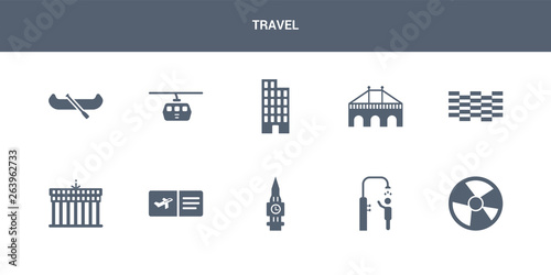 10 travel vector icons such as beach ball, beach shower, big ben, boarding pass, brandenburg contains brickwall, bridge, building, cable car, canoe. travel icons