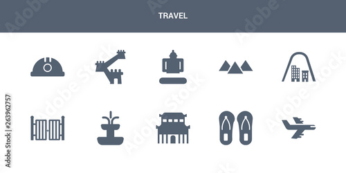 10 travel vector icons such as flight, flip flops, forbidden city, fountain, gate contains gateway arch, giza, great buddha of thailand, great wall of china, helm. travel icons