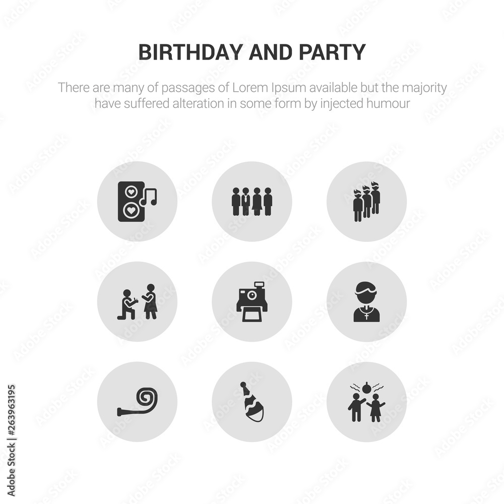 9 round vector icons such as party, party hat, party horn, pastor, polaroid contains proposal, queue, relationship, romantic music. hat, icon3_, gray birthday and icons 9 round vector icons such as party, party hat, party horn, pastor, polaroid contains proposal, queue, relationship, romantic music. hat, icon3_, gray birthday and icons