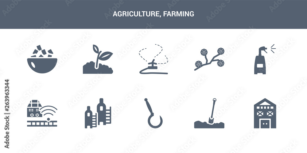 10 agriculture, farming vector icons such as shed, shovel, sickle, silo, smart farm contains sprayer, spring flower, sprinkler, sprout, sugar. agriculture, farming icons