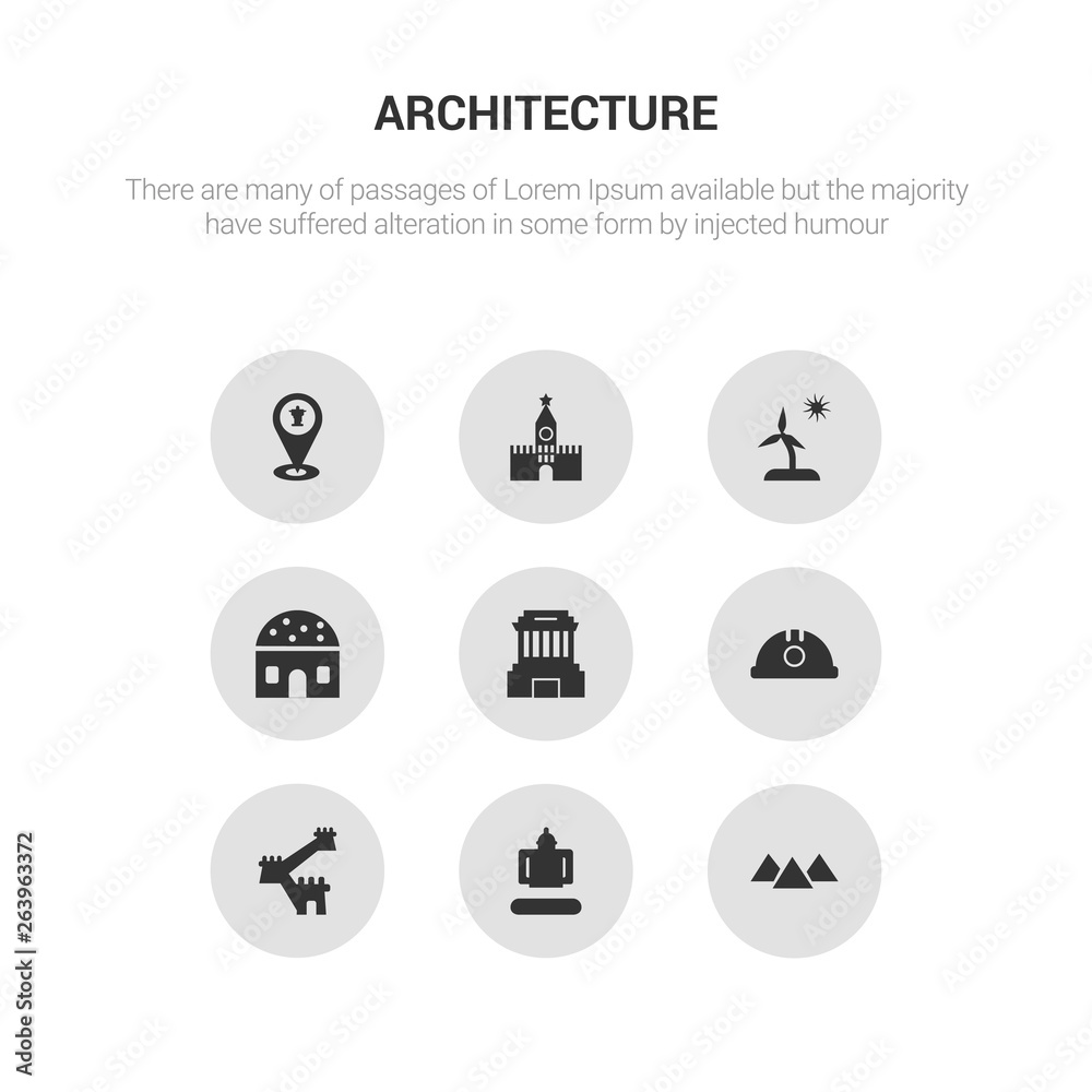 9 round vector icons such as giza, great buddha of thailand, great wall of china, helm, ho chi minh mausoleum contains hut, island, kremlin, landmark. giza, great buddha of thailand, icon3_, gray