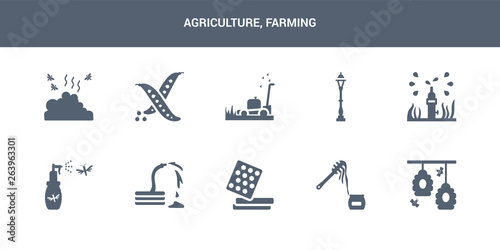 10 agriculture, farming vector icons such as hive, honey, honeycomb, hose, insecticide contains irrigation, lamppost, lawn mower, legume, manure. agriculture, farming icons