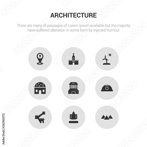 9 round vector icons such as giza, great buddha of thailand, great wall of china, helm, ho chi minh mausoleum contains hut, island, kremlin, landmark. giza, great buddha of thailand, icon3_, gray