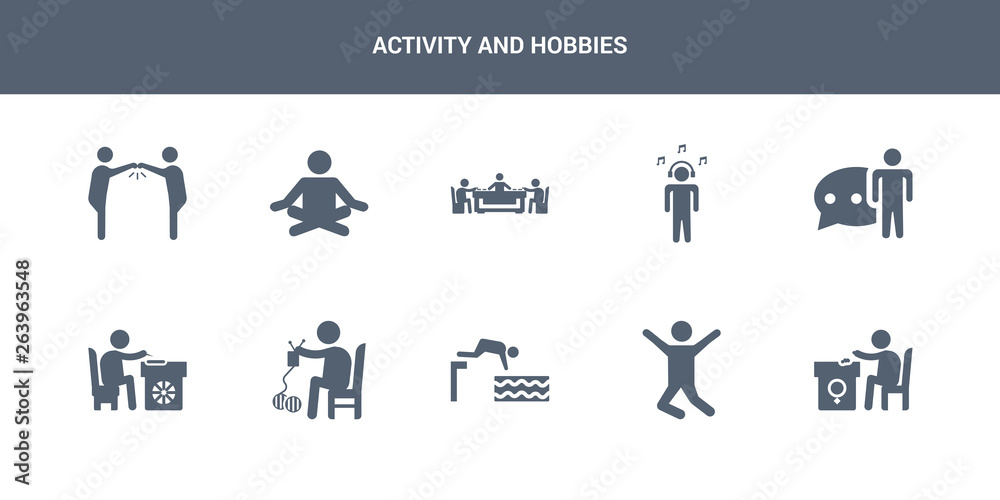 10 activity and hobbies vector icons such as jewelry making, jumping, jumping to the water, knitting, lace making contains language, listening music, mahjong, meditating, meeting with a friend.