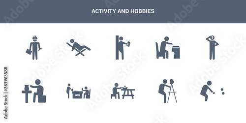 10 activity and hobbies vector icons such as petanque, photography, picnic, playing lotto, pottery contains questioning, quilt, reading, relaxing, repairing. activity and hobbies icons
