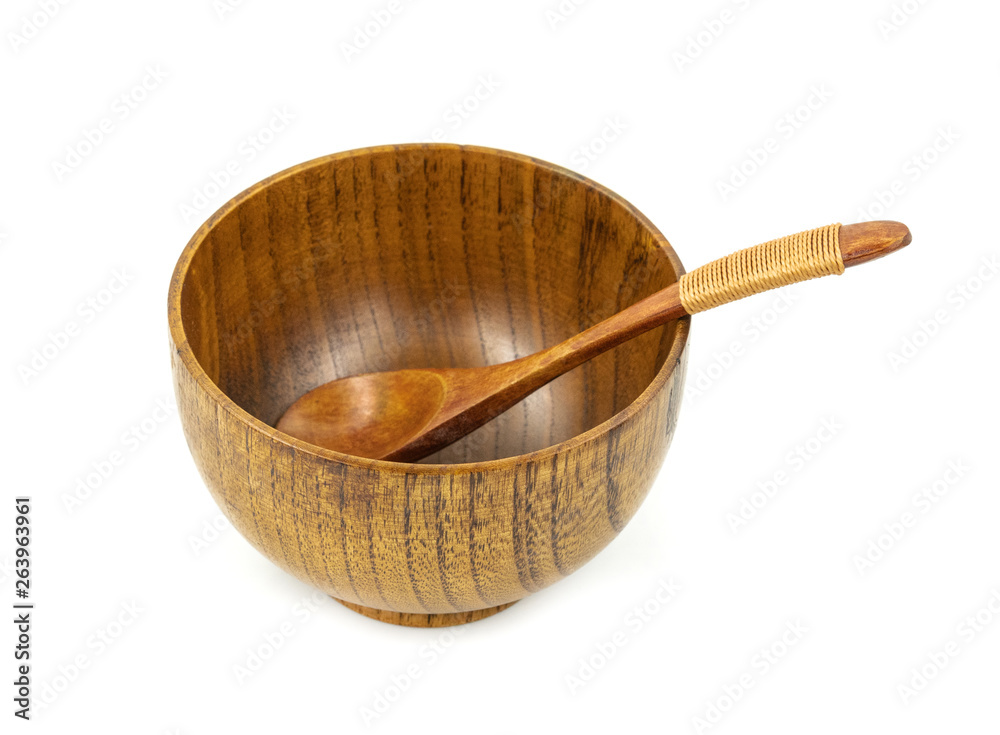 Empty wooden cups (plates) with spoons on white background Empty wooden cups (plates) with spoons on white background