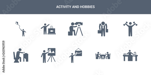10 activity and hobbies vector icons such as dish washing, dominoes, drawing, easel, eating contains exercising, failure, film making, fish bowl, flying a kite. activity and hobbies icons