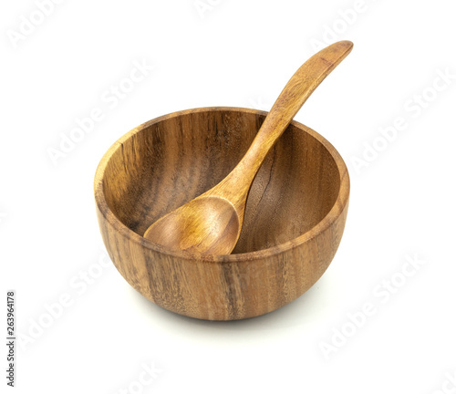 Empty wooden cups (plates) with spoons on white background