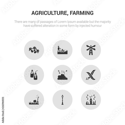 9 round vector icons such as irrigation, lamppost, lawn mower, legume, manure contains milk bottle, mill, mower, mushroom. irrigation, lamppost, icon3_, gray agriculture, farming icons