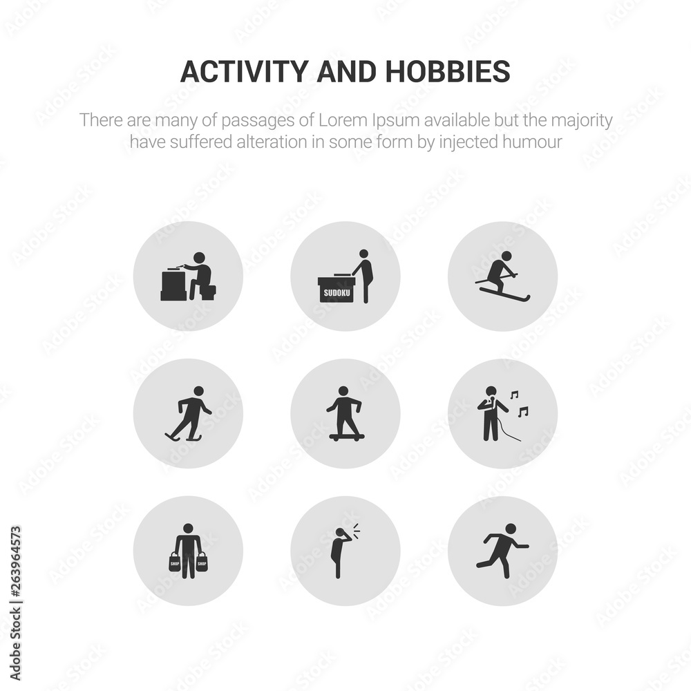 9 round vector icons such as running, screaming, shopping, singing, skateboarding contains skating, skiing, sudoku, wood carving. running, screaming, icon3_, gray activity and hobbies icons 9 round vector icons such as running, screaming, shopping, singing, skateboarding contains skating, skiing, sudoku, wood carving. running, screaming, icon3_, gray activity and hobbies icons