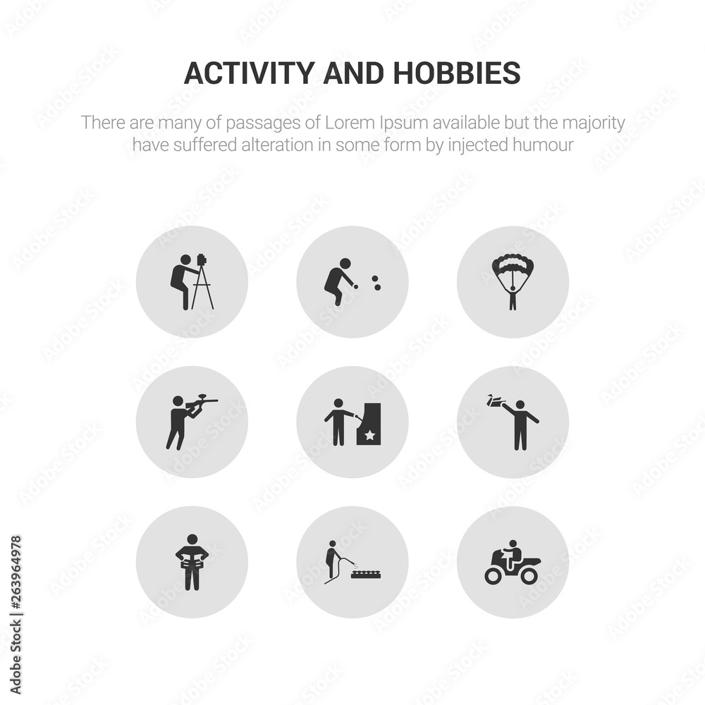 9 round vector icons such as motorcycle riding, mushrooming, newspaper readign, origami, pachinko contains paintball, parachuting, petanque, photography. motorcycle riding, mushrooming, icon3_, gray