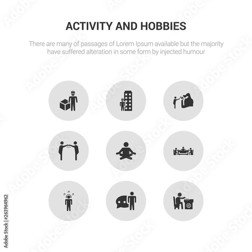9 round vector icons such as lace making, language, listening music, mahjong, meditating contains meeting with a friend, mineral collecting, model building, modeling. lace making, language, icon3_,