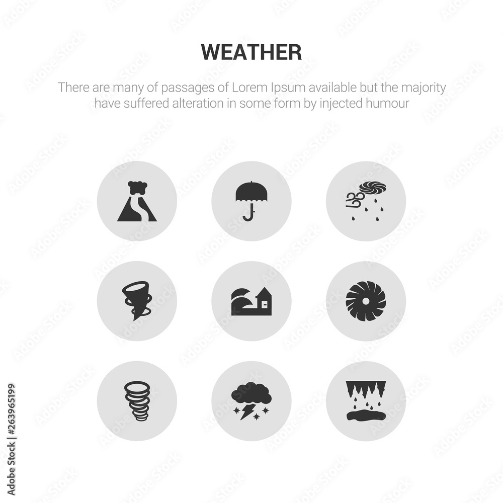 9 round vector icons such as thaw, thundersnow, tornado, tropical storm, tsunami contains twilight, typhoon, umbrella, volcano. thaw, thundersnow, icon3_, gray weather icons