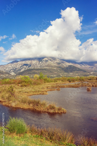 Wetland landscape. Montenegro. View of special botanical and animal reserve Tivat Salina ( Tivatska Solila ) on a sunny spring day