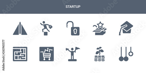 10 startup vector icons such as innovation, investment, leader, market trends, maze contains mortarboard, new product, open padlock, overcome, paper plane. startup icons