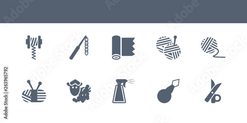10 sew vector icons such as thread nippers, threader, water spray, wool, wool ball contains yarn, yarn ball, textile, crochet hook, wire coil. sew icons