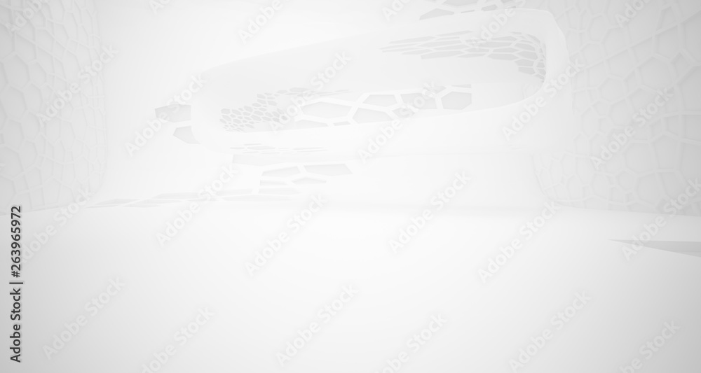 Abstract white parametric interior with window. 3D illustration and rendering.