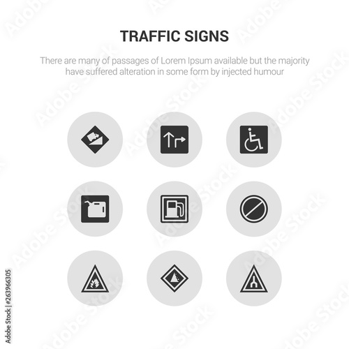 9 round vector icons such as end of way, falling rocks, fire, forbidden, gas station contains gasoline, handicap, highway, hill. end of way, falling rocks, icon3_, gray traffic signs icons