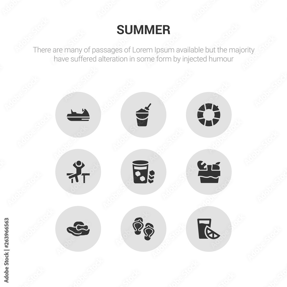 9 round vector icons such as lime juice, pair of flip flops, pamela hat, pinic basket, refreshing cold drink contains relax, rubber ring, sand bucket and shovel, sea scooter. lime juice, pair of