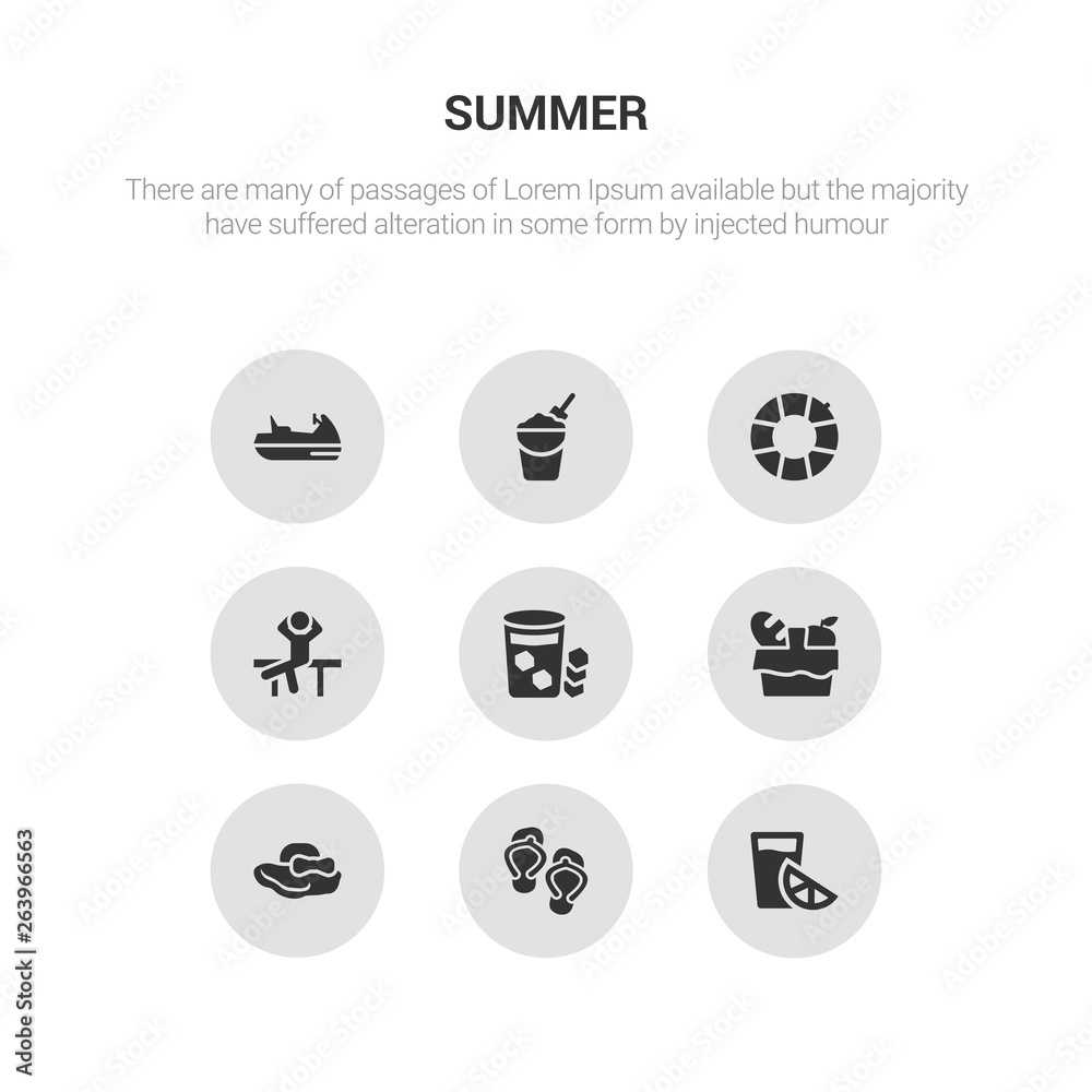 9 round vector icons such as lime juice, pair of flip flops, pamela hat, pinic basket, refreshing cold drink contains relax, rubber ring, sand bucket and shovel, sea scooter. lime juice, pair of 9 round vector icons such as lime juice, pair of flip flops, pamela hat, pinic basket, refreshing cold drink contains relax, rubber ring, sand bucket and shovel, sea scooter. lime juice, pair of
