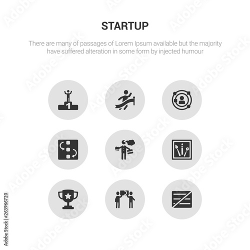 9 round vector icons such as comparison, cooperation, cup, de, entrepreneur contains exchanging, experience, finish line, first. comparison, cooperation, icon3_, gray startup icons