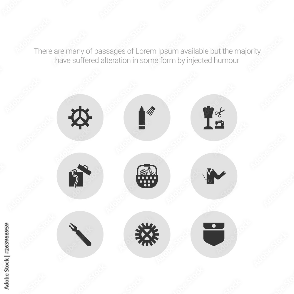 9 round vector icons such as pocket, rotary, seam, sew pattern, sewing basket contains sewing box, sewing craft, marker, spokes. pocket, rotary, icon3_, gray sew icons