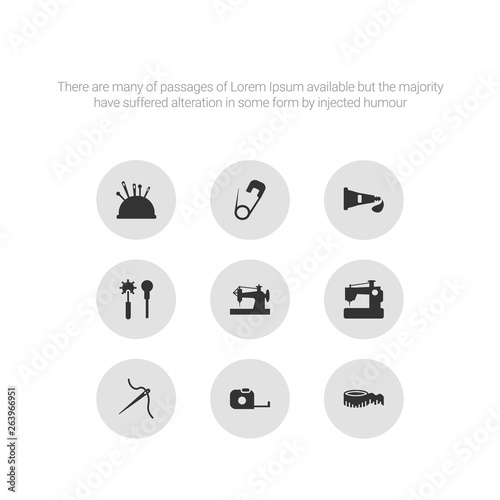 9 round vector icons such as measurement, measuring tape, needle, new sewing machine, old sewing machine contains overstitch, paint tube, pin, pin cushion. measurement, measuring tape, icon3_, gray