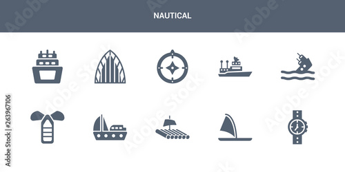 10 nautical vector icons such as water resist watch, windsurf board, wood raft, yacht facing right, port and starboard contains capsizing, ship admiral, azimuth compass, afterdeck, ballast. nautical