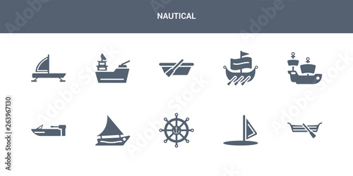 10 nautical vector icons such as seaworthy, windsail, marine, felucca, motorboat contains caravel, trireme, skiff, gunboat, iceboat. nautical icons
