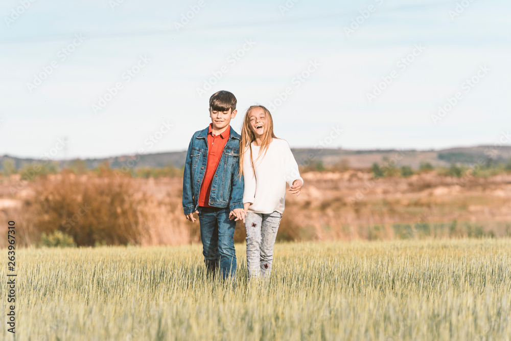 kids walking in countryside